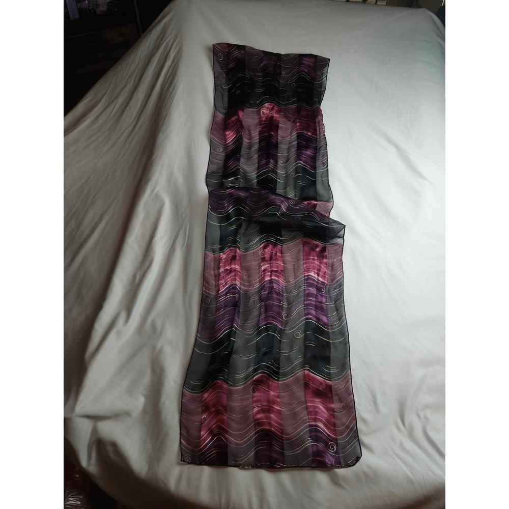Purple Black Sheer Wave Scarf Metallic Gold Thread Swirls Rectangular Light